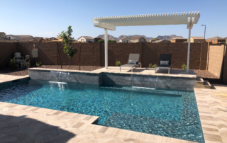 Jewels for Pools Finish pool with water feature, sun chairs and cover2