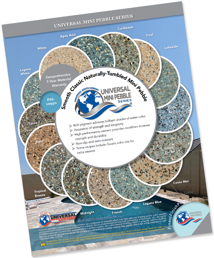 Image of Universal Mini Pebble Brochure with samples and pool background