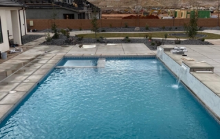 Sparkle Quartz Lakeside pool w decorative tile trim, water feature and spa