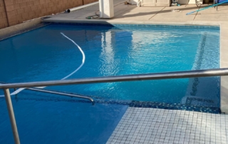 Sparkle Quartz Lakeside pool with white tile baja ledge