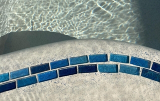 Sparkle Quartz tropical pool step with blue tile decorative trim 2