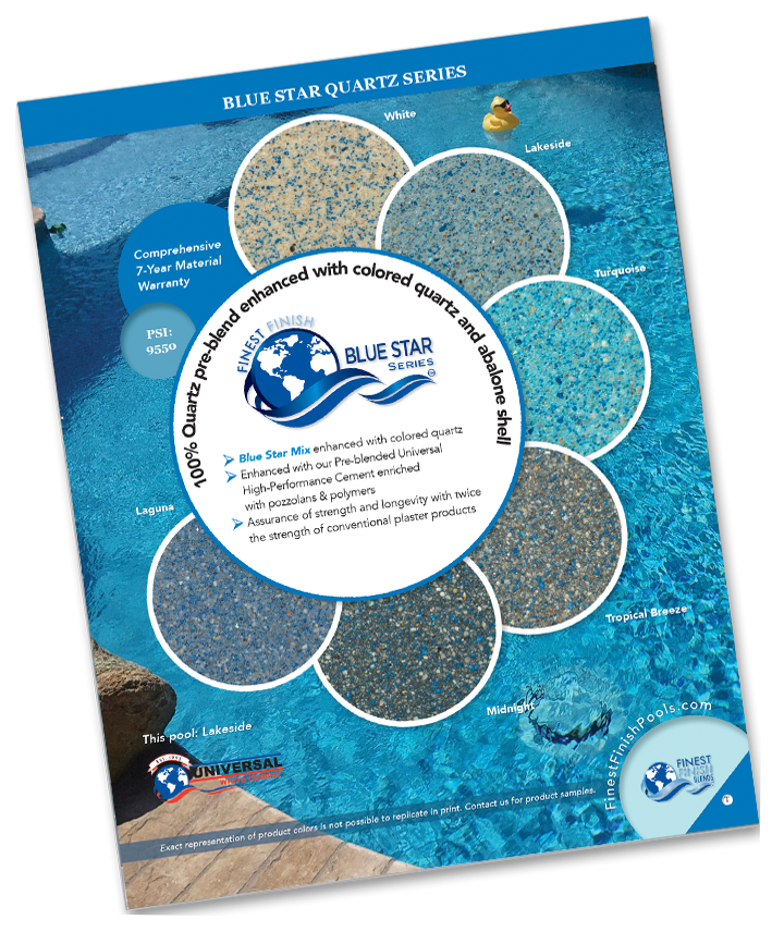 Image of Blue Star series brochure with pool background and product samples