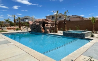 Finest Finish Sparkle Quartz Pacific pool with spa in backgrounFinest Finish Sparkle Quartz Pacific pool with spa and shelf