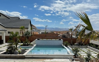 Finest Finish Sparkle Quartz French Grey pool with backyard view