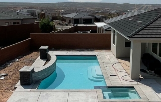Finest Finish Sparkle Quartz White pool and spa with turquoise coFinest Finish Sparkle Quartz White pool and spa before landscaping