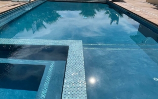 Finest Finish Sparkle Quartz Laguna pool with baja shelf, square spa with tile detail and water slide