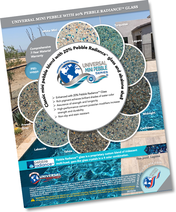 swimming pool finish Universal Mini pebble with 20% Pebble Radiance Glass brochure cover